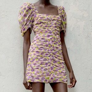Zara Floral Print Draped Mini Dress Women's Sz M Purple Puff Sleeve Bodycon